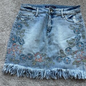 Embroidered Denim Mini Skirt with Fringe Hem